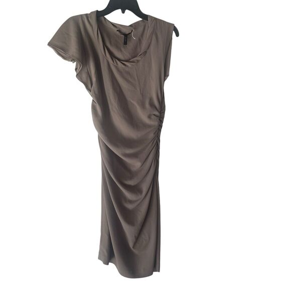 BCBGMaxazria Size Small Gray Asymmetric‎ Sleeves Body Con Rouched Mini Dress - Picture 1 of 10